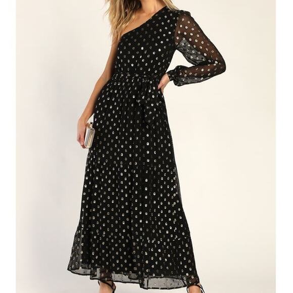 LULU'S XS Radiant Energy Black and Gold Clip Dot One Shoulder Maxi Dress B160 - Picture 1 of 9